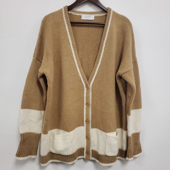 La Ligne Womens Wool Cashmere Button Front Sweater Size L Tan Pockets V Neck - Picture 1 of 10